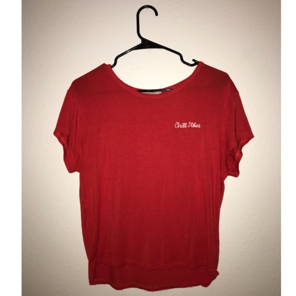 Red “Chill vibes” embroidered top